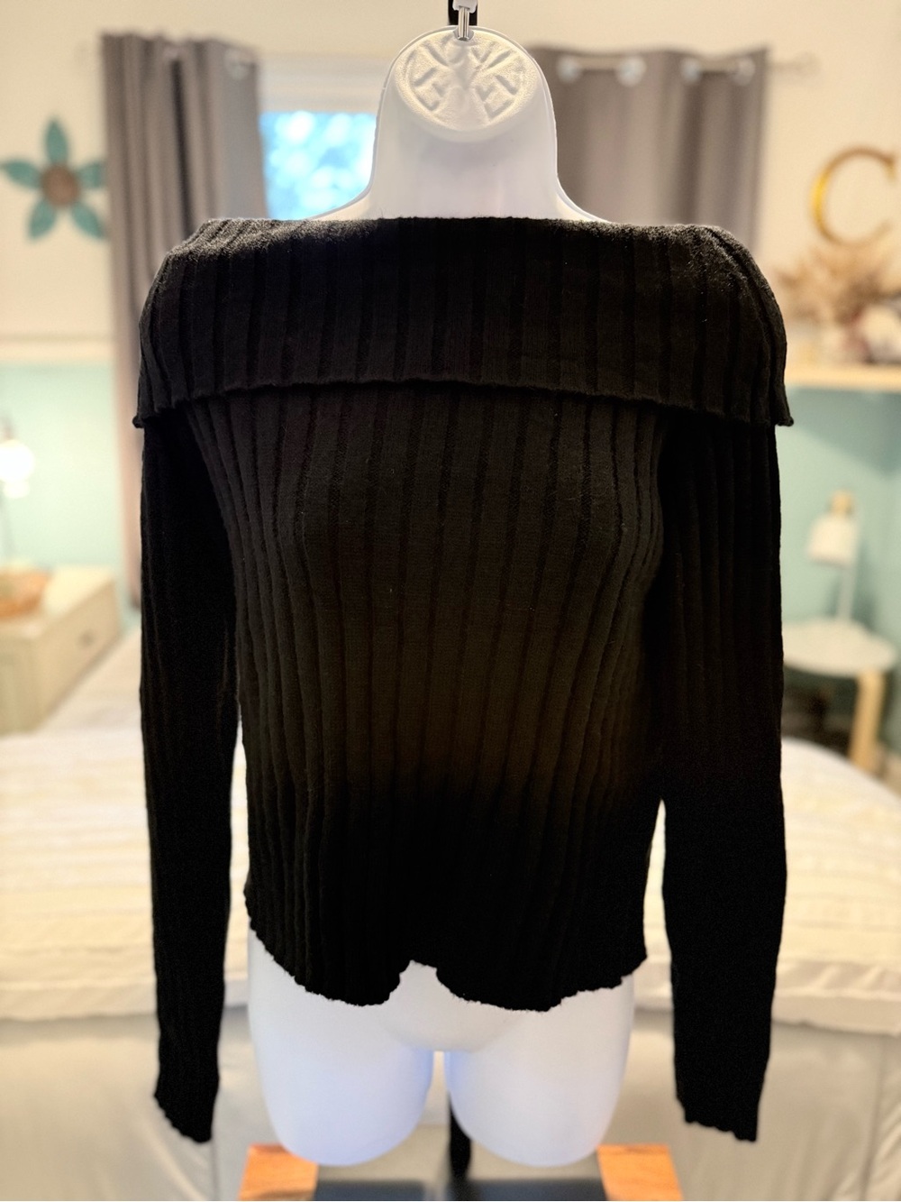 Hello Molly Black Off-the-Shoulder Ribbed Sweater